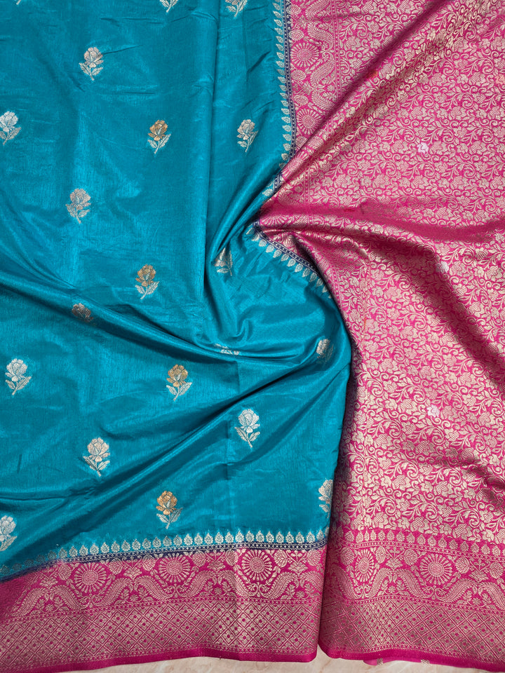 PAPER SILK IN FEROZI BLUE MINAKARI SAREE WITH RANI BORDER