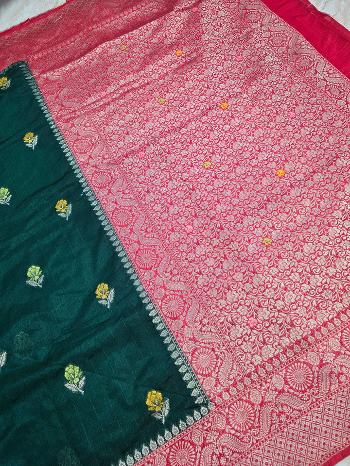 PAPER SILK MINAKARI SAREE IN BOTTLE GREEN WITH RANI BORDER
