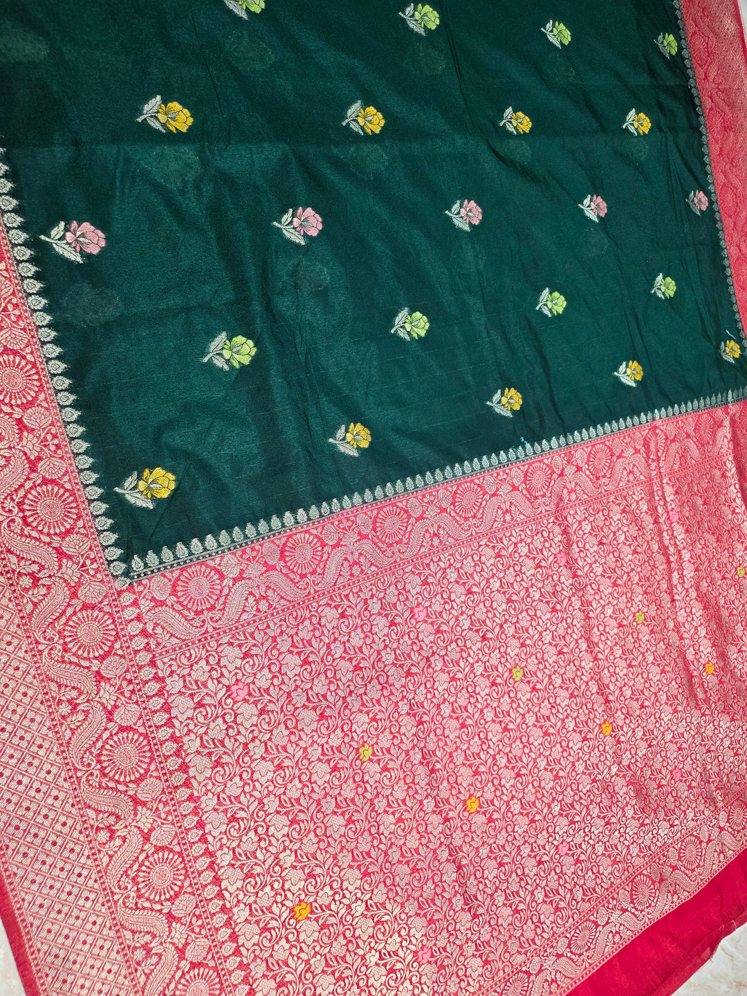 PAPER SILK MINAKARI SAREE IN BOTTLE GREEN WITH RANI BORDER
