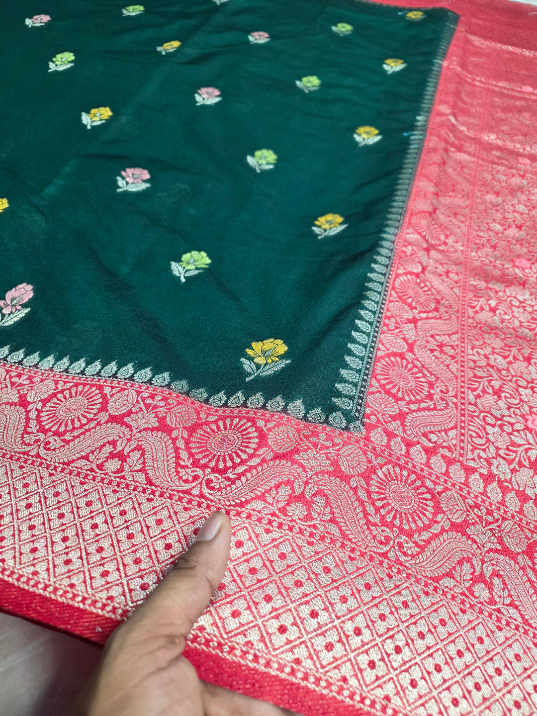 PAPER SILK MINAKARI SAREE IN BOTTLE GREEN WITH RANI BORDER