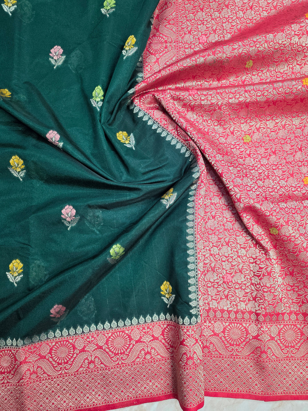 PAPER SILK MINAKARI SAREE IN BOTTLE GREEN WITH RANI BORDER