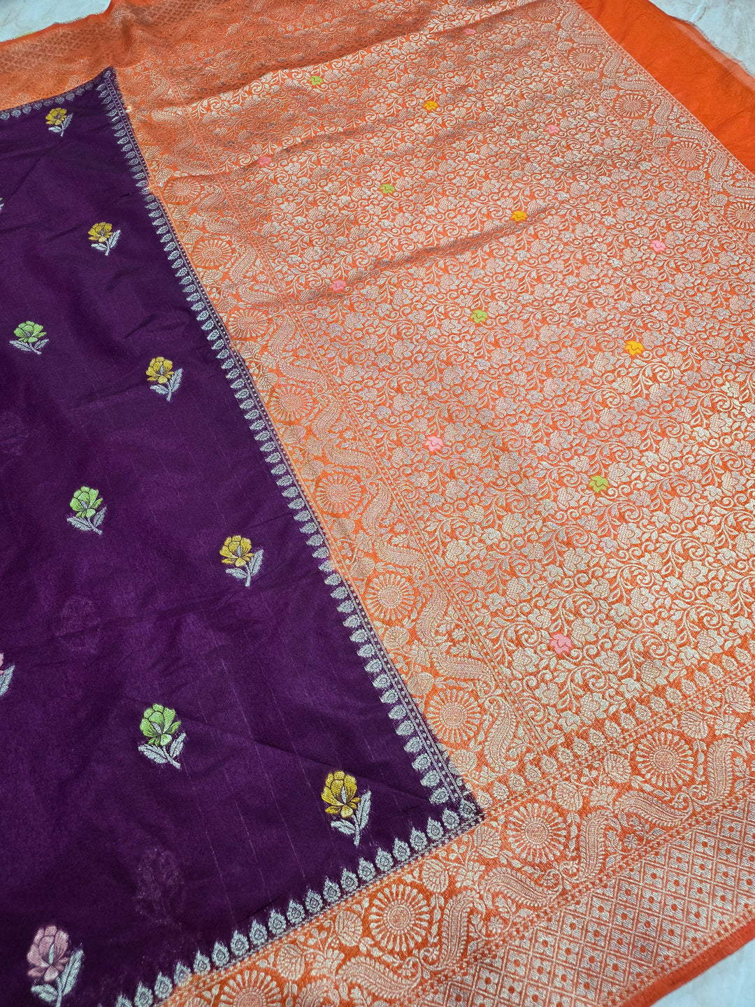 PAPER SILK MINAKAR SAREE IN MAGENTA WITH ORANGE BORDER