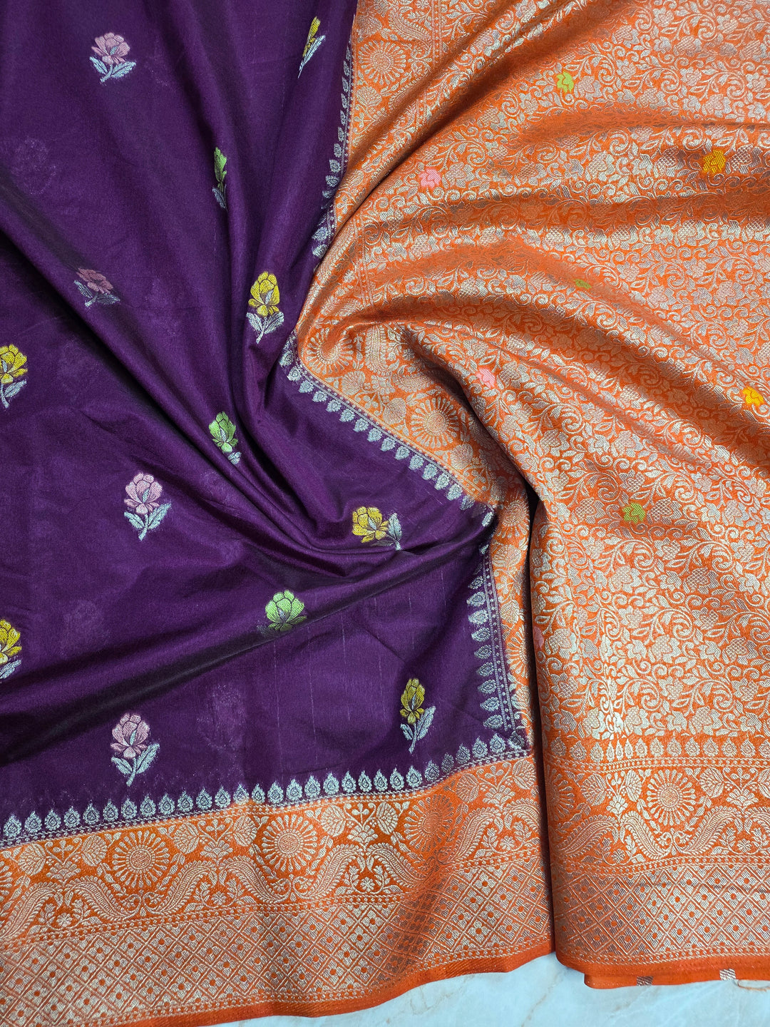 PAPER SILK MINAKAR SAREE IN MAGENTA WITH ORANGE BORDER