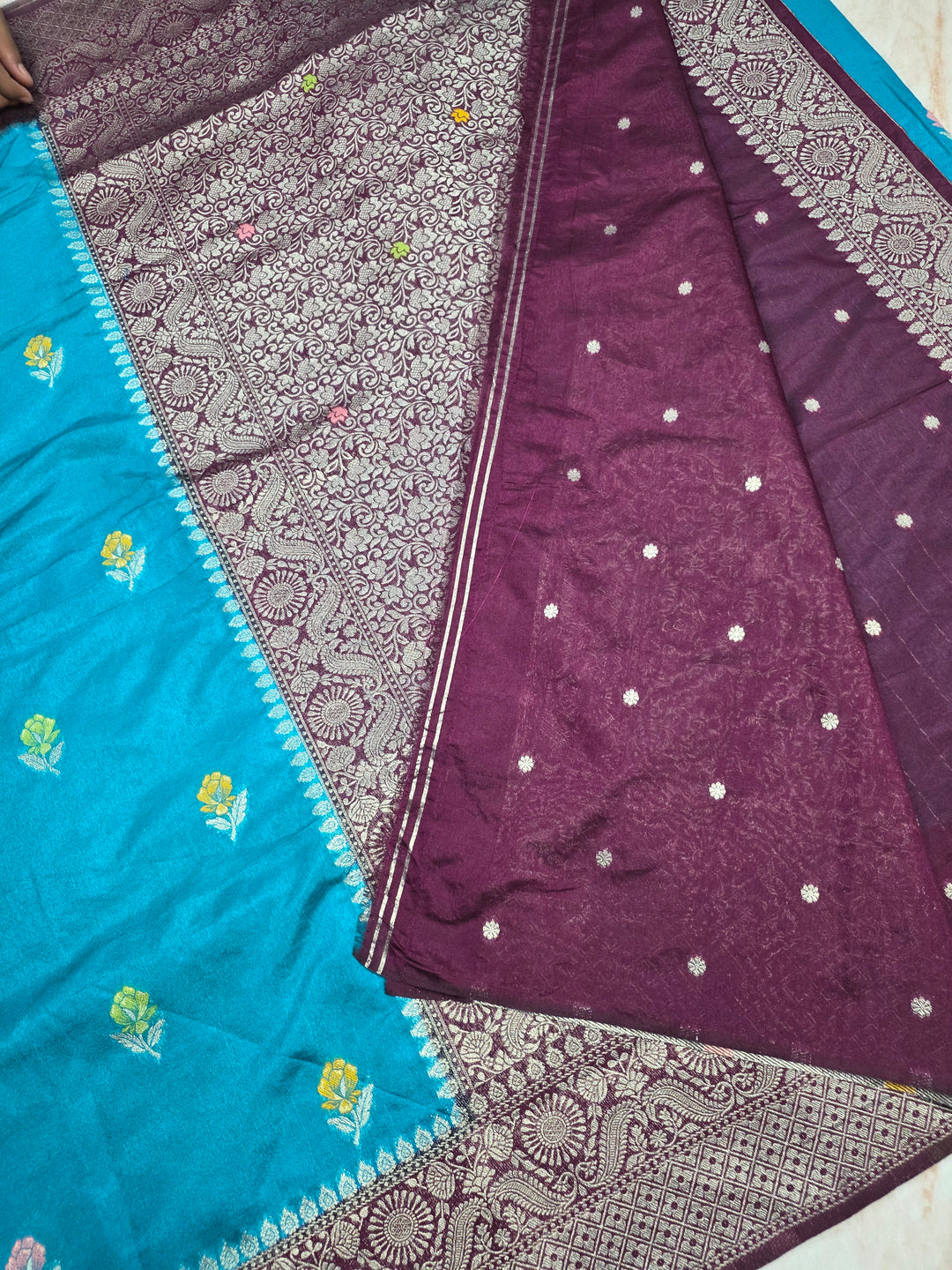 PAPER SILK MINAKARI SAREE IN FEROZI BLUE WITH GARNET BORDER