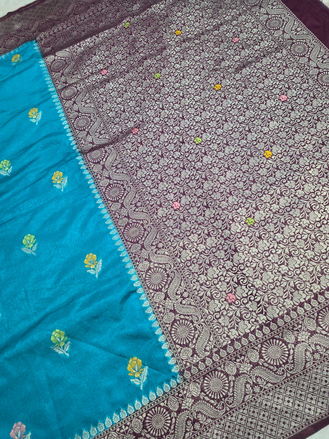 PAPER SILK MINAKARI SAREE IN FEROZI BLUE WITH GARNET BORDER