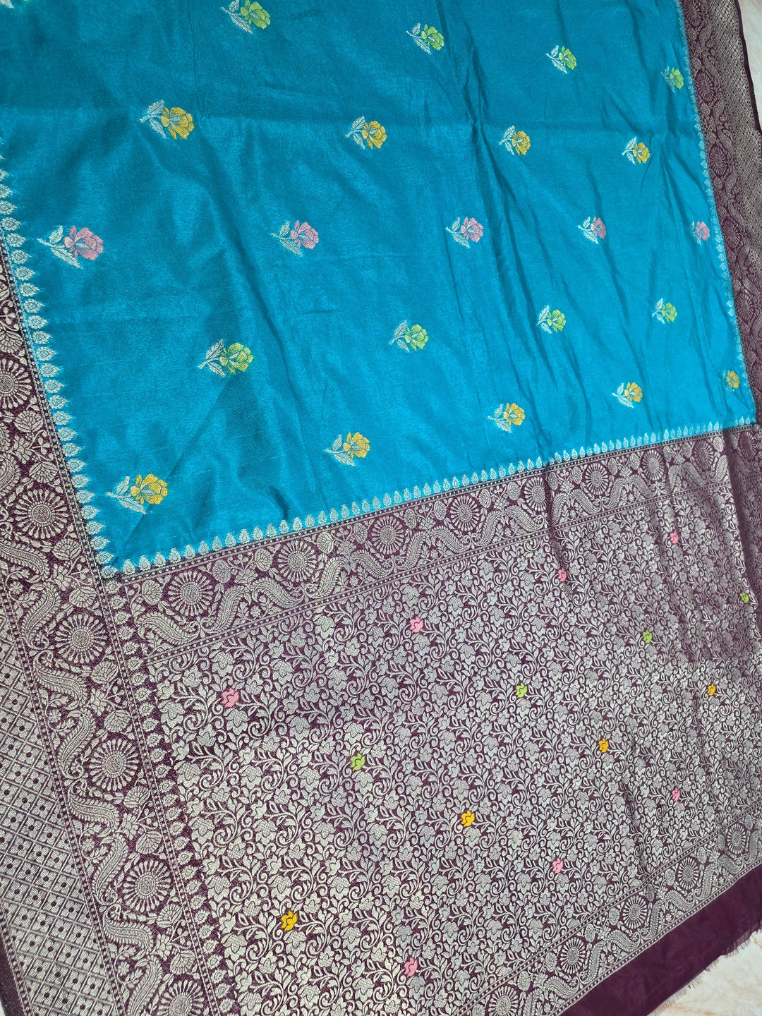 PAPER SILK MINAKARI SAREE IN FEROZI BLUE WITH GARNET BORDER