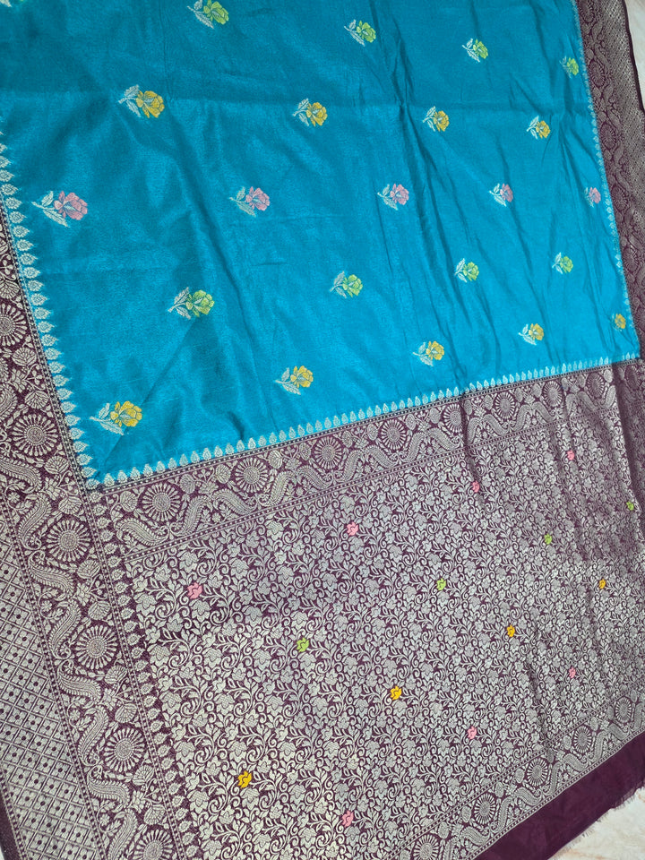 PAPER SILK MINAKARI SAREE IN FEROZI BLUE WITH GARNET BORDER
