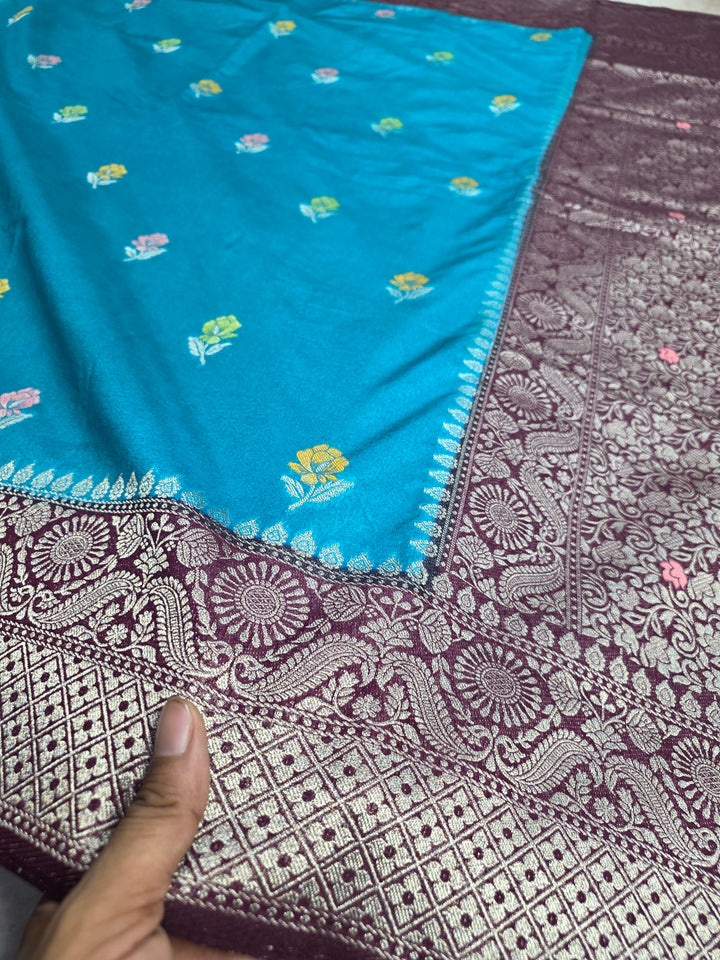 PAPER SILK MINAKARI SAREE IN FEROZI BLUE WITH GARNET BORDER