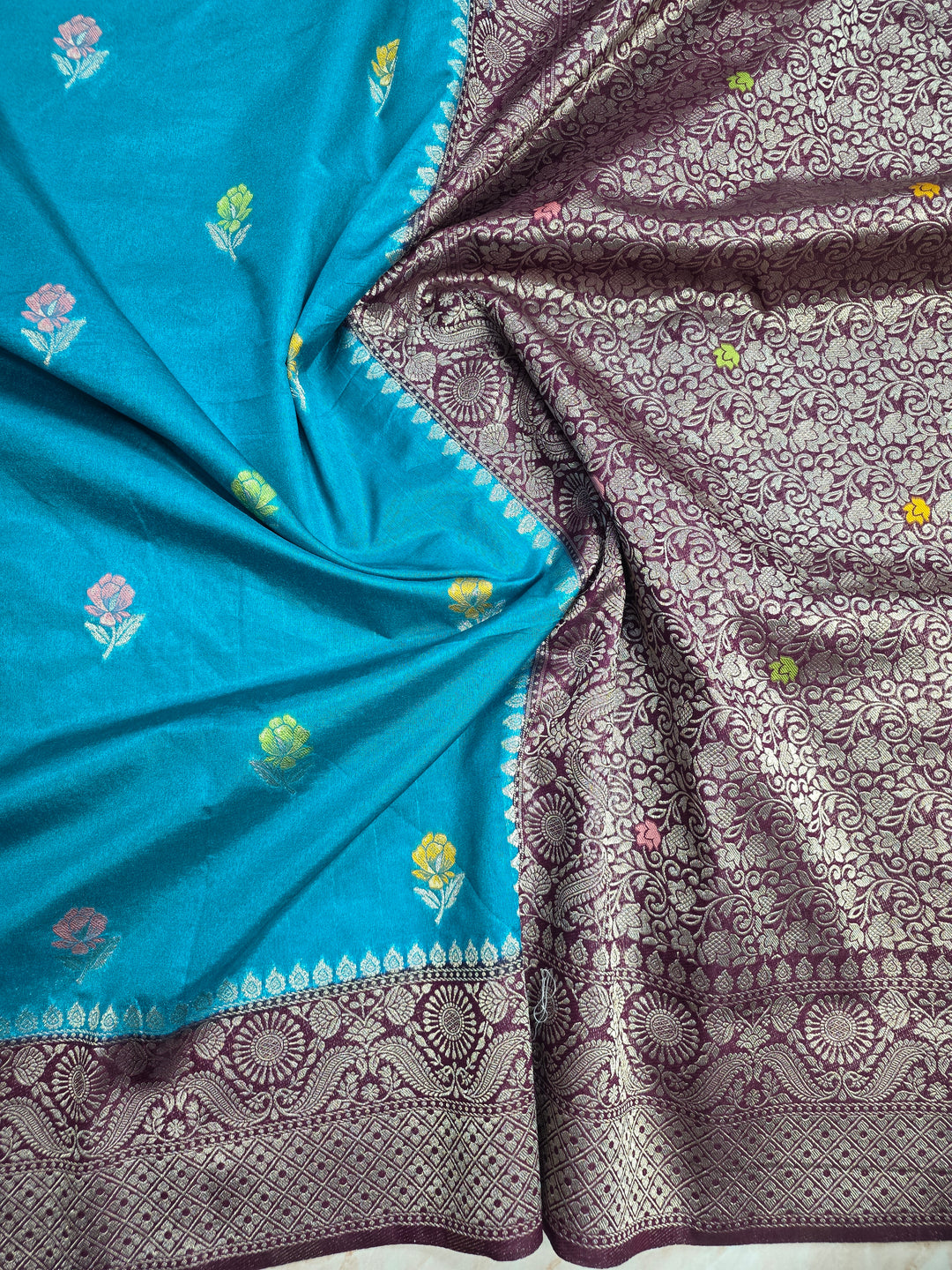PAPER SILK MINAKARI SAREE IN FEROZI BLUE WITH GARNET BORDER