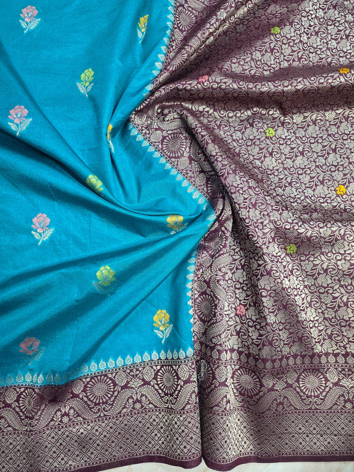 PAPER SILK MINAKARI SAREE IN FEROZI BLUE WITH GARNET BORDER