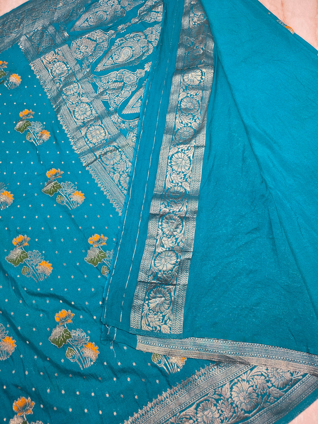 KHADDI GEORGETTE IN FEROZI BLUE WITH PANCHRANG BOOTA