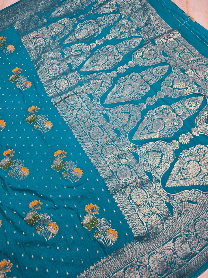 KHADDI GEORGETTE IN FEROZI BLUE WITH PANCHRANG BOOTA
