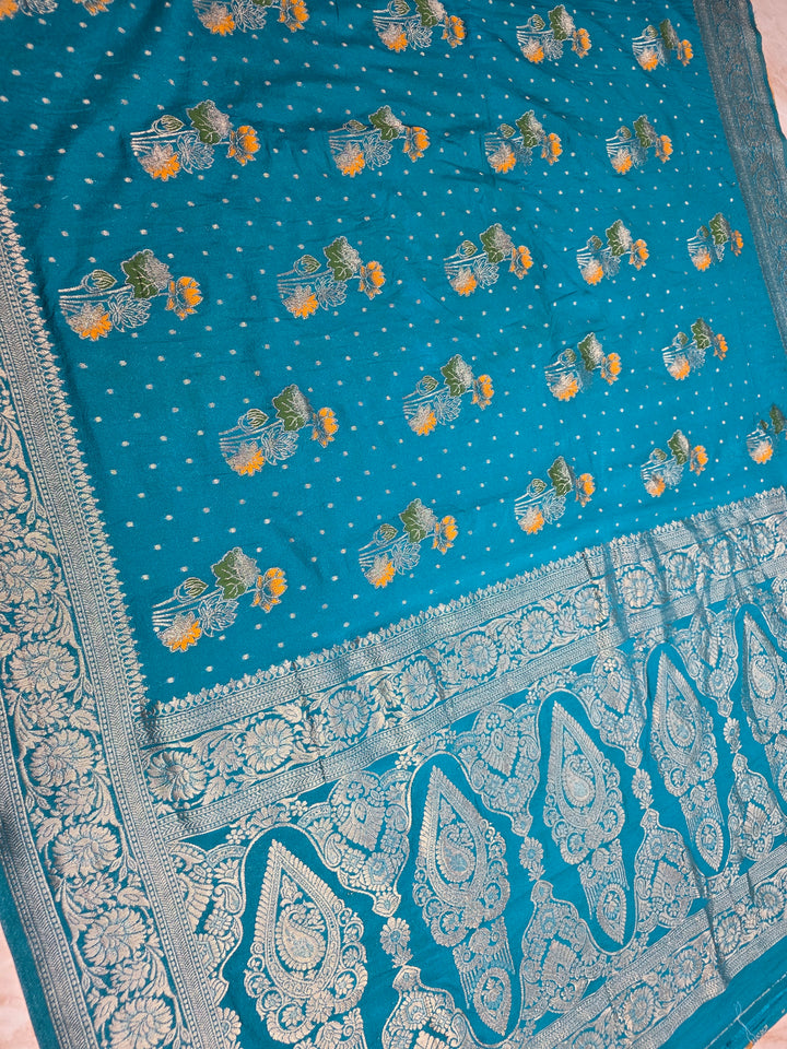 KHADDI GEORGETTE IN FEROZI BLUE WITH PANCHRANG BOOTA