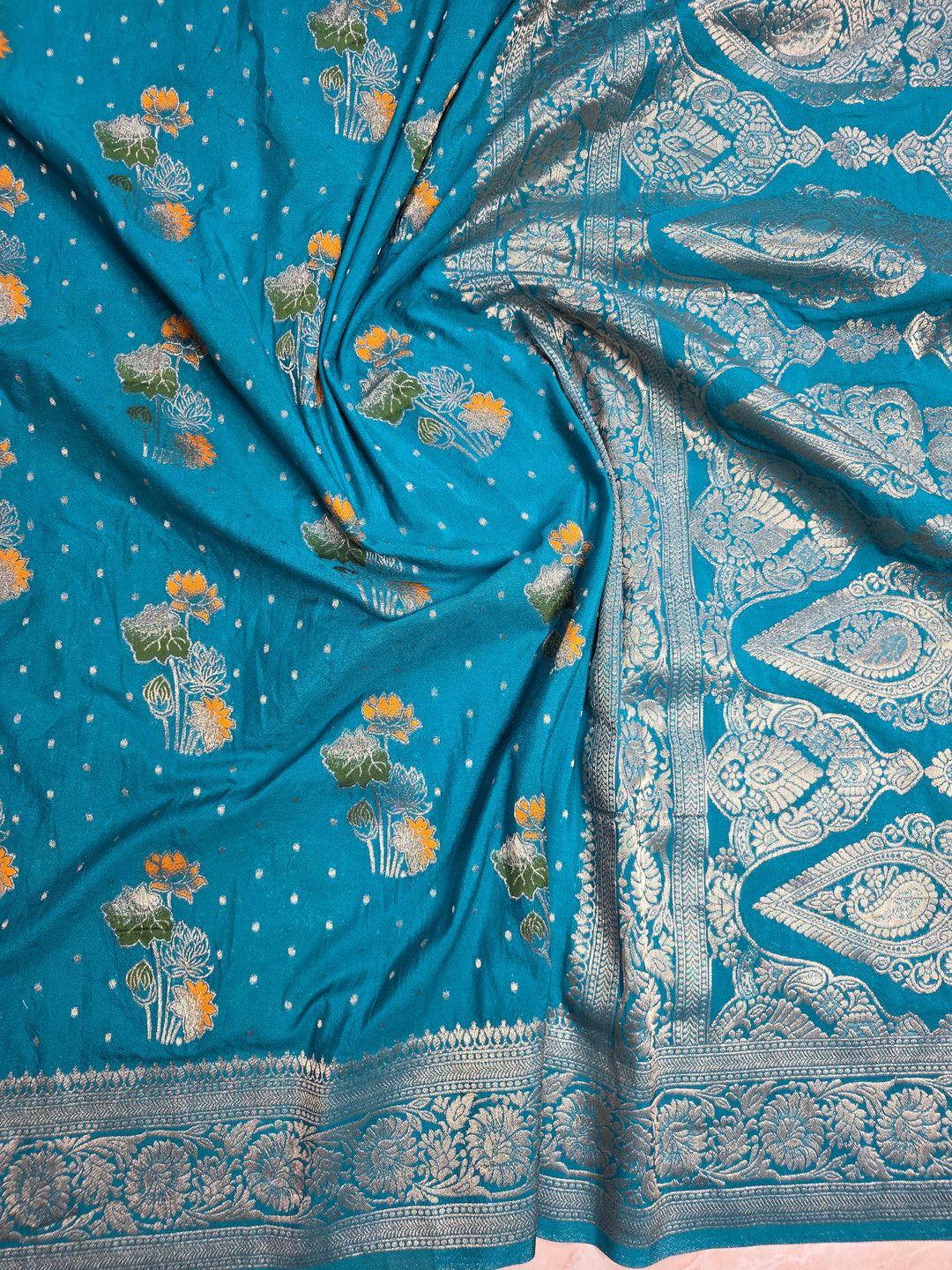 KHADDI GEORGETTE IN FEROZI BLUE WITH PANCHRANG BOOTA