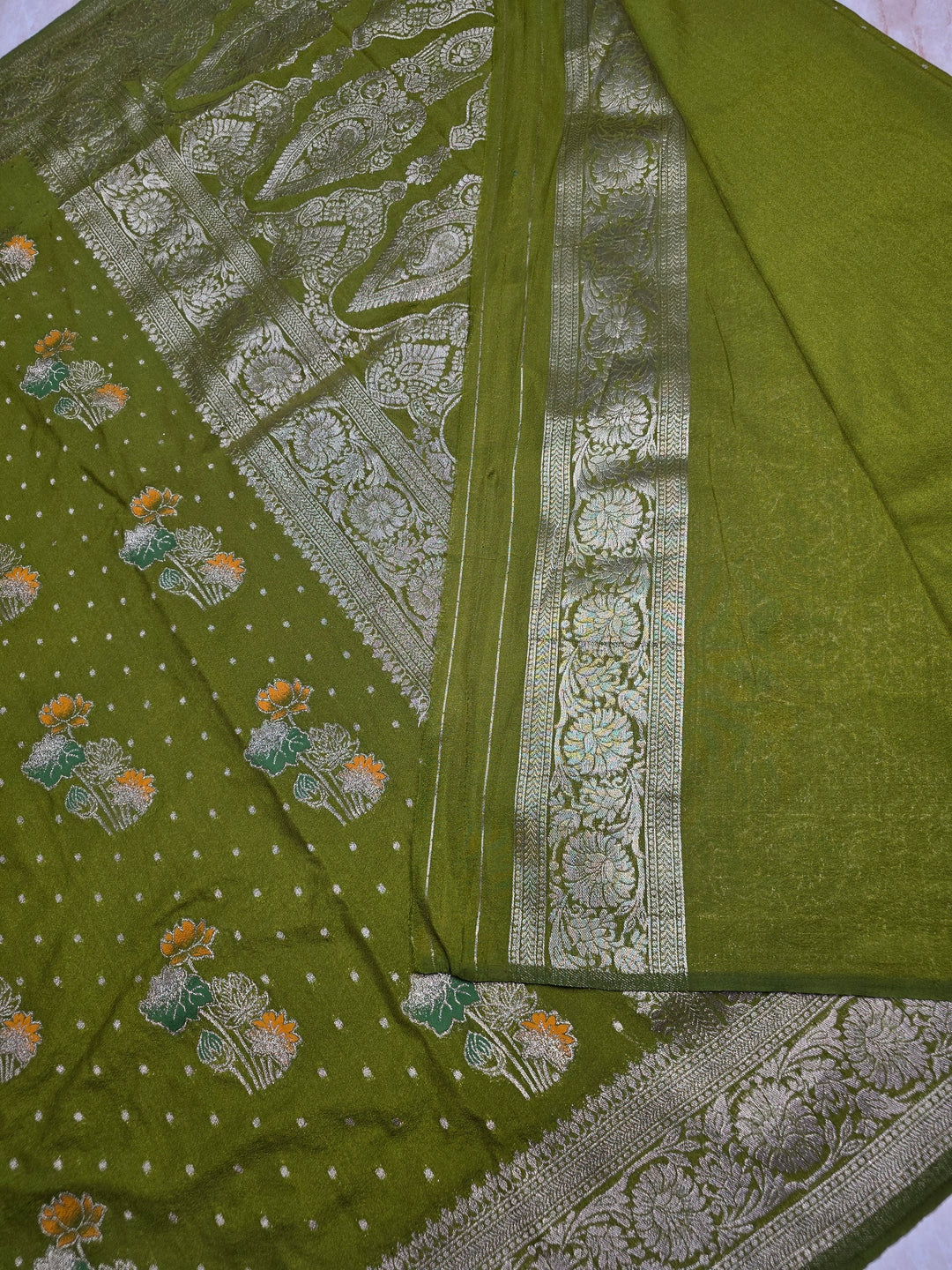 KHADDI GEROGETTE IN MEHENDI GREEN WITH PANCHRANG BOOTA