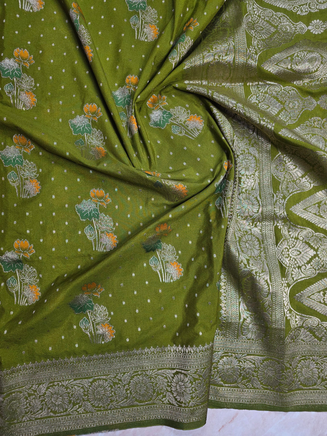 KHADDI GEROGETTE IN MEHENDI GREEN WITH PANCHRANG BOOTA