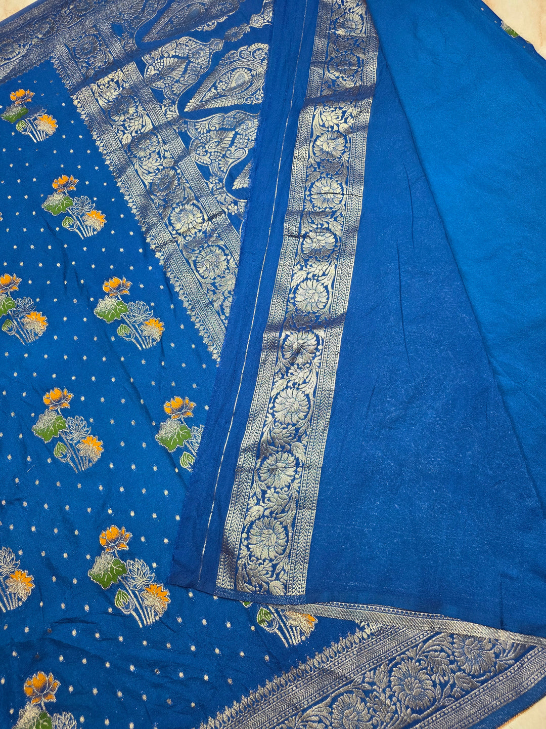 KHADDI GEROGETTE IN ROYAL BLUE WITH PANCHRANG BOOTA