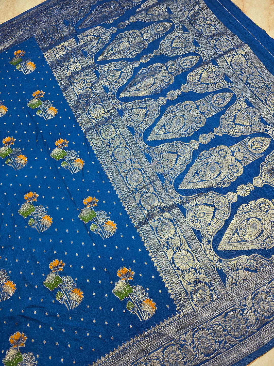 KHADDI GEROGETTE IN ROYAL BLUE WITH PANCHRANG BOOTA
