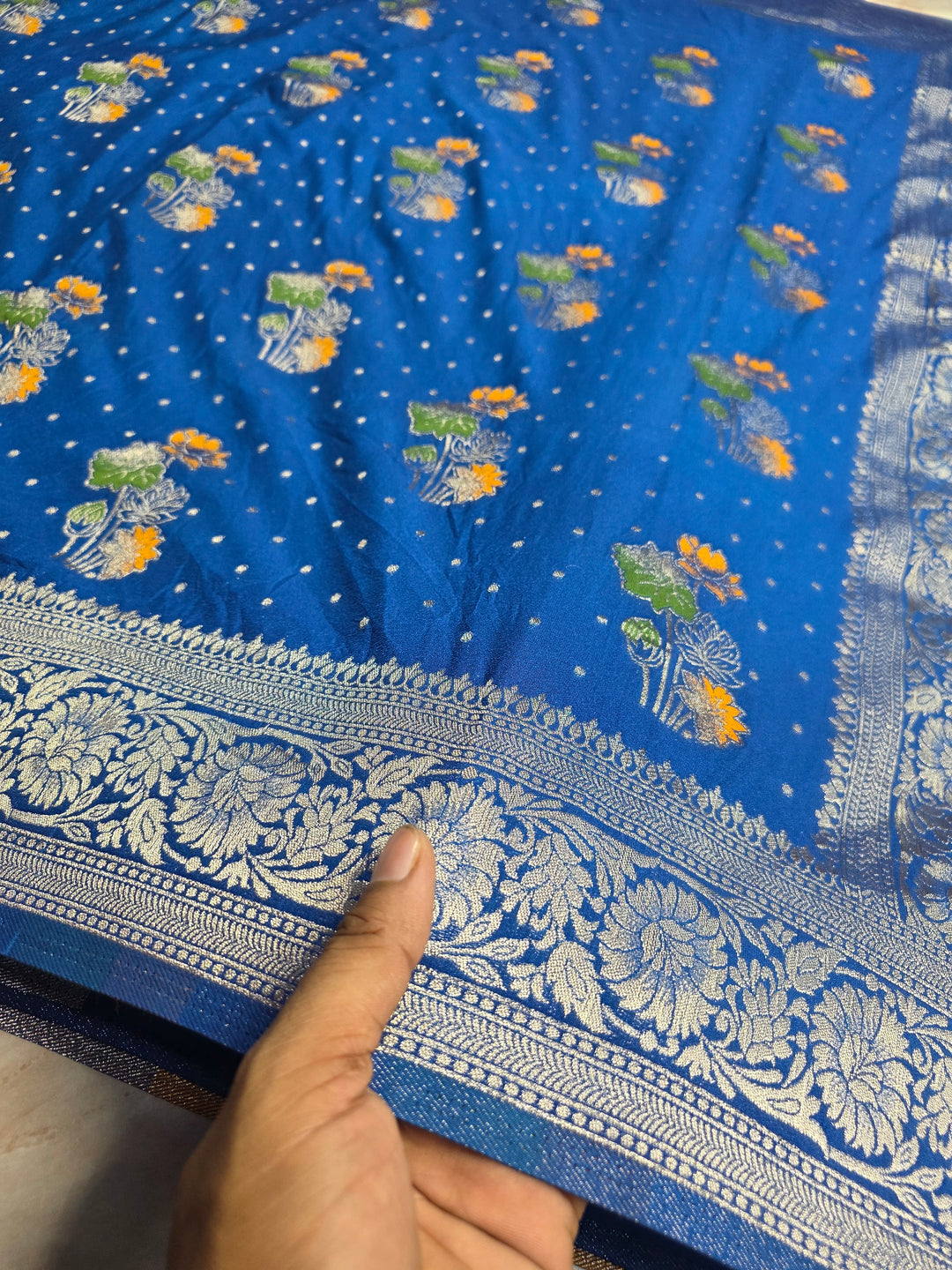 KHADDI GEROGETTE IN ROYAL BLUE WITH PANCHRANG BOOTA