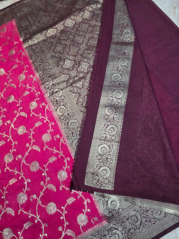 KHADDI GEORGETTE SILVER ZARIWORK IN RANI WITH GARNET BORDER