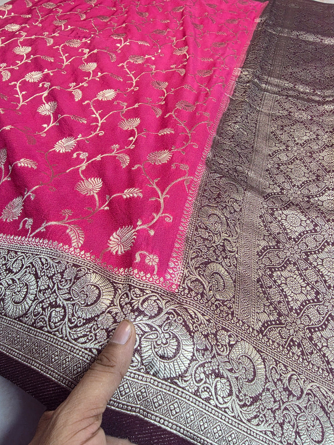 KHADDI GEORGETTE SILVER ZARIWORK IN RANI WITH GARNET BORDER