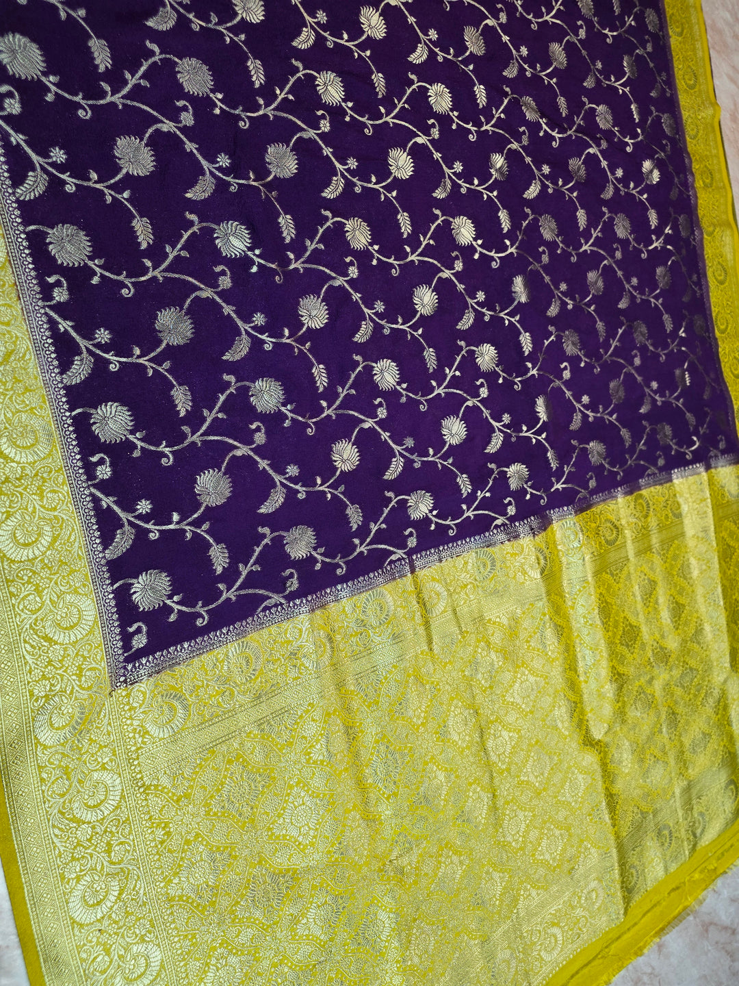KHADDI GEORGETTE IN INDIGO WITH YELLOW BORDER