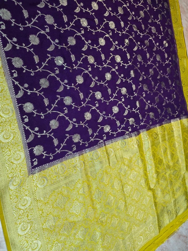 KHADDI GEORGETTE IN INDIGO WITH YELLOW BORDER