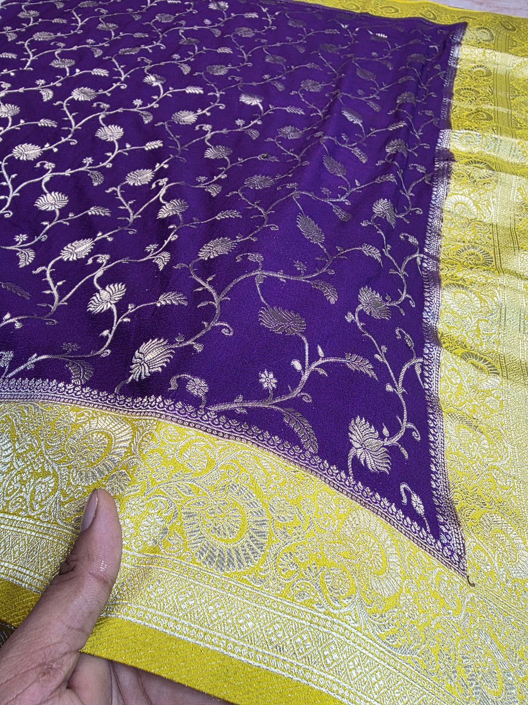KHADDI GEORGETTE IN INDIGO WITH YELLOW BORDER