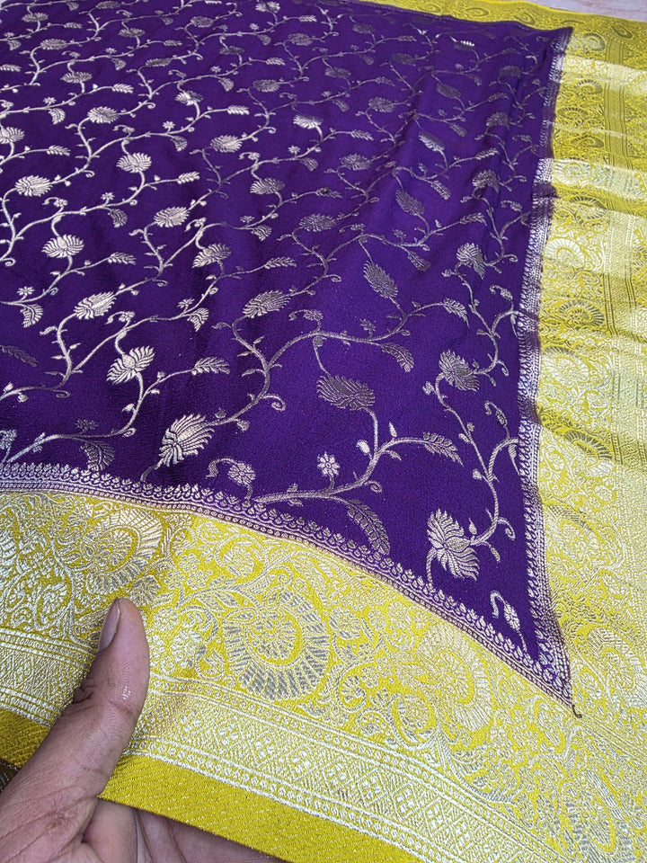 KHADDI GEORGETTE IN INDIGO WITH YELLOW BORDER