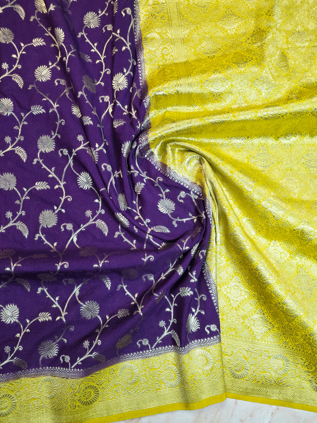 KHADDI GEORGETTE IN INDIGO WITH YELLOW BORDER