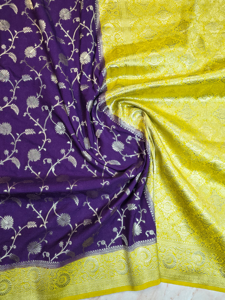 KHADDI GEORGETTE IN INDIGO WITH YELLOW BORDER