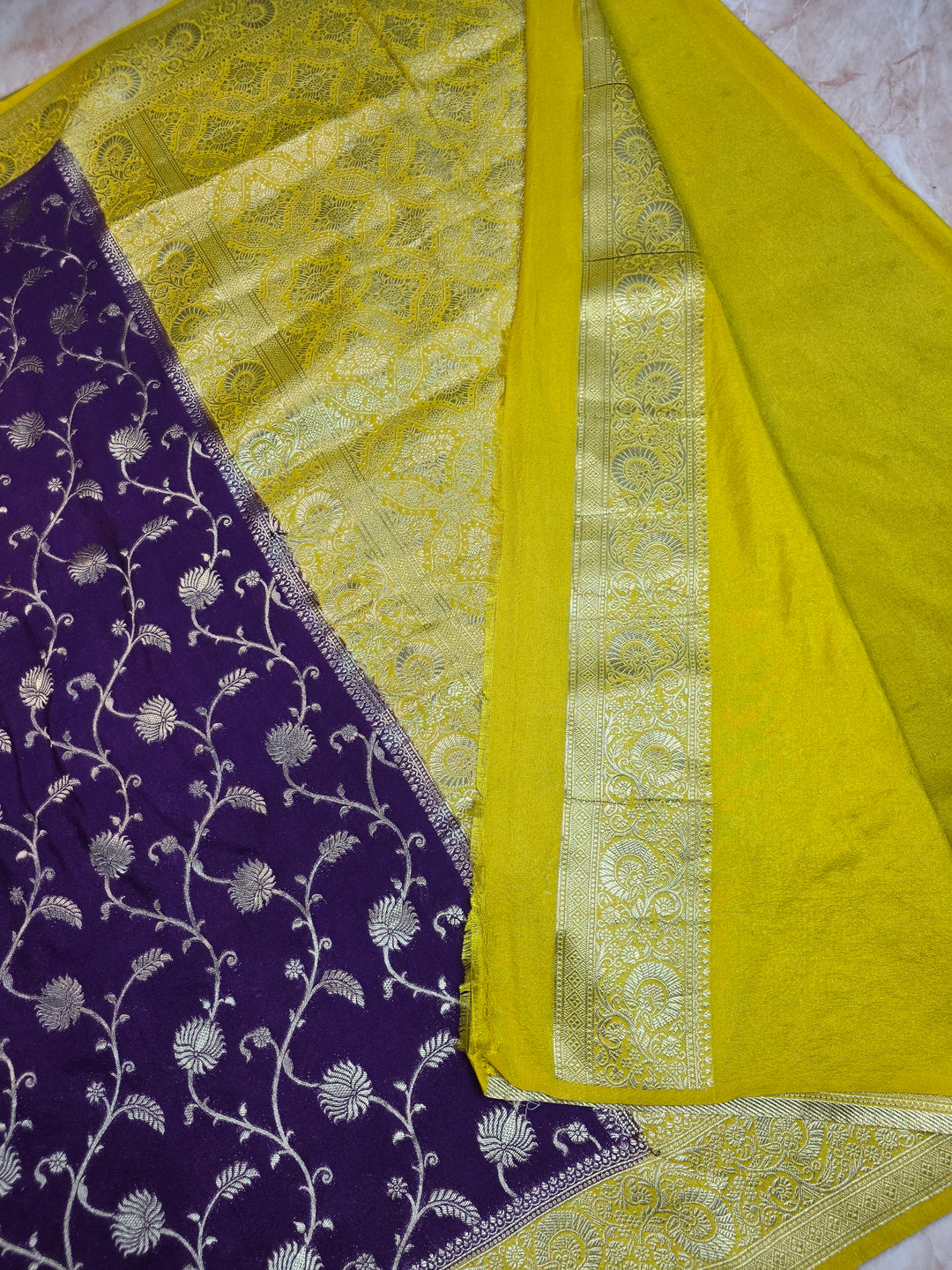 KHADDI GEORGETTE IN INDIGO WITH YELLOW BORDER
