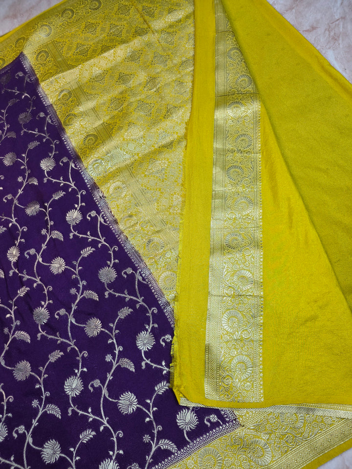 KHADDI GEORGETTE IN INDIGO WITH YELLOW BORDER