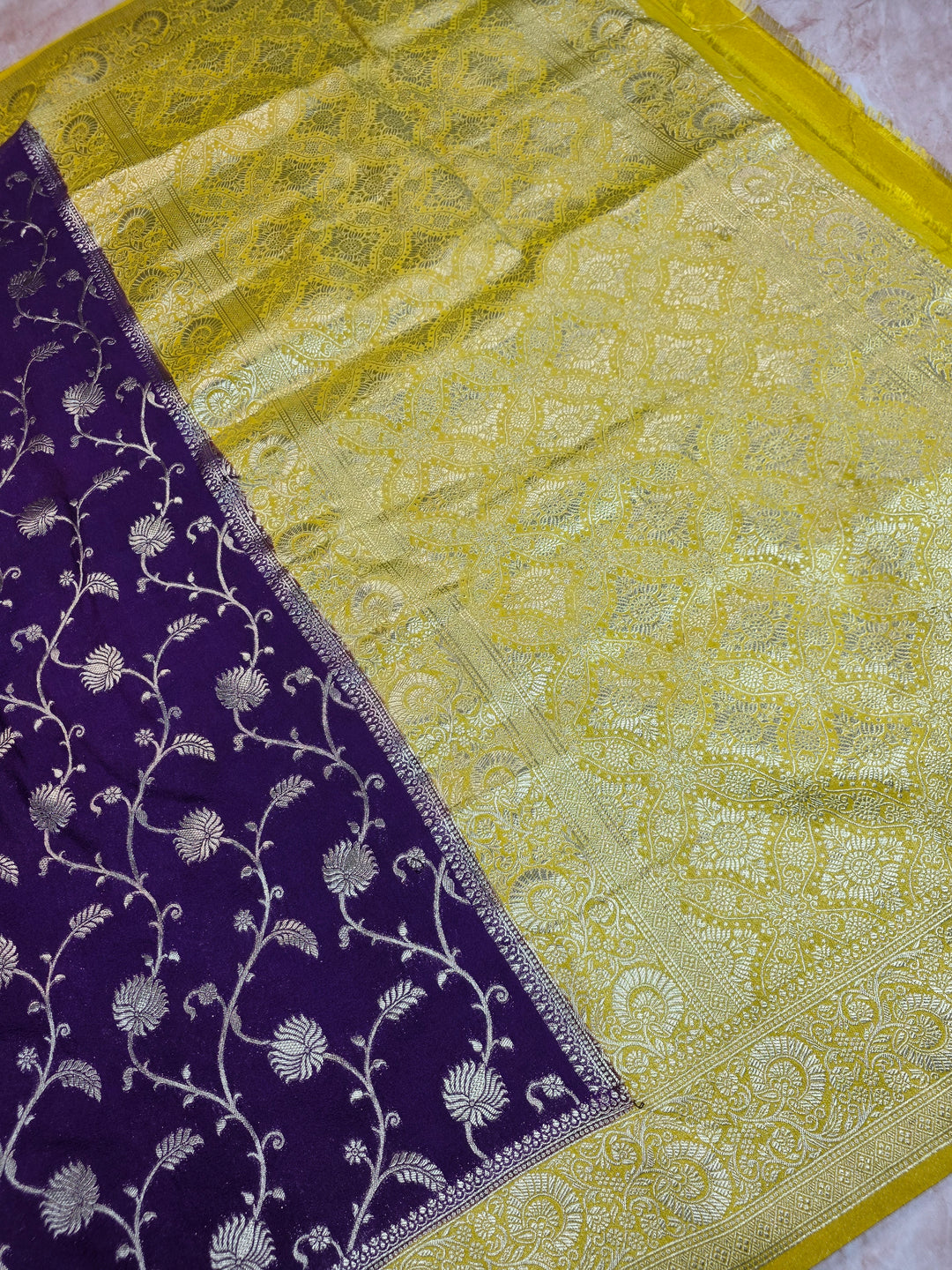 KHADDI GEORGETTE IN INDIGO WITH YELLOW BORDER