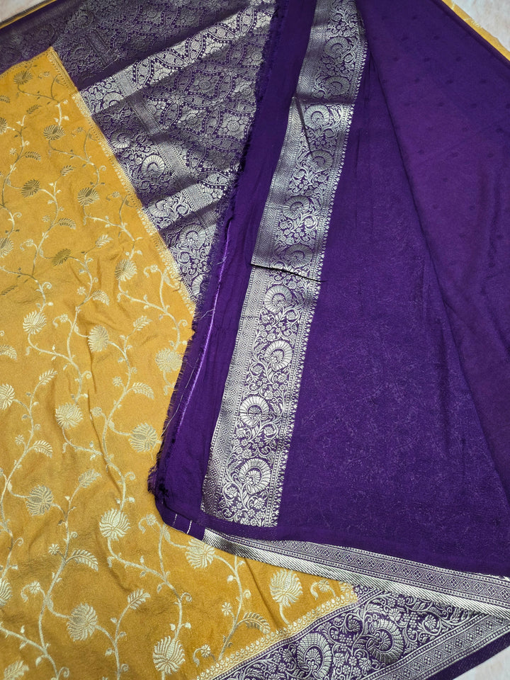 KHADDI GEORGETTE IN BIEGE WITH VIOLET COLOUR BORDER
