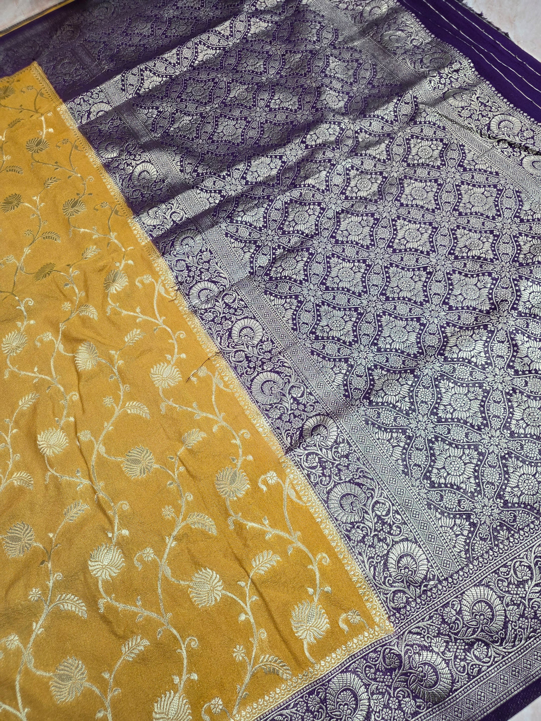 KHADDI GEORGETTE IN BIEGE WITH VIOLET COLOUR BORDER