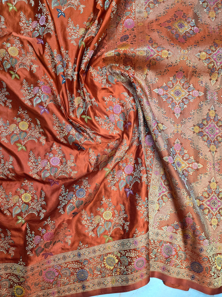 MASHRU KATAN SILK IN ORANGE COLOUR WITH MINAKARI ZARIWORK