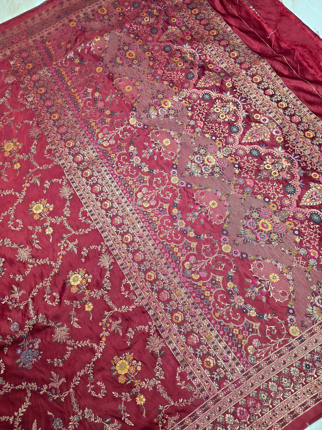 MASHRU KATAN SILK IN DARK RED WITH MINAKARI ZARIWORK