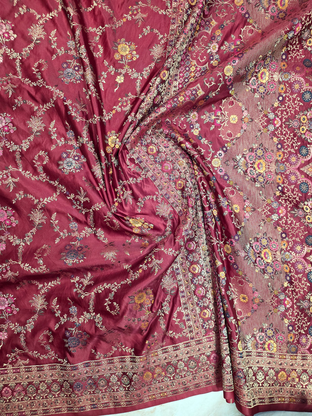 MASHRU KATAN SILK IN DARK RED WITH MINAKARI ZARIWORK