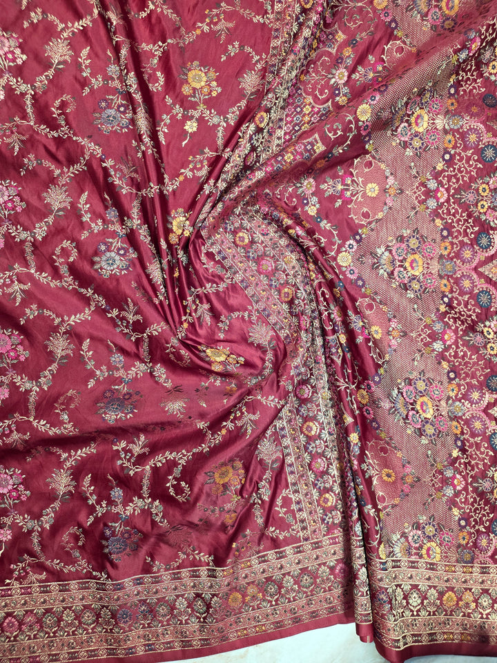 MASHRU KATAN SILK IN DARK RED WITH MINAKARI ZARIWORK