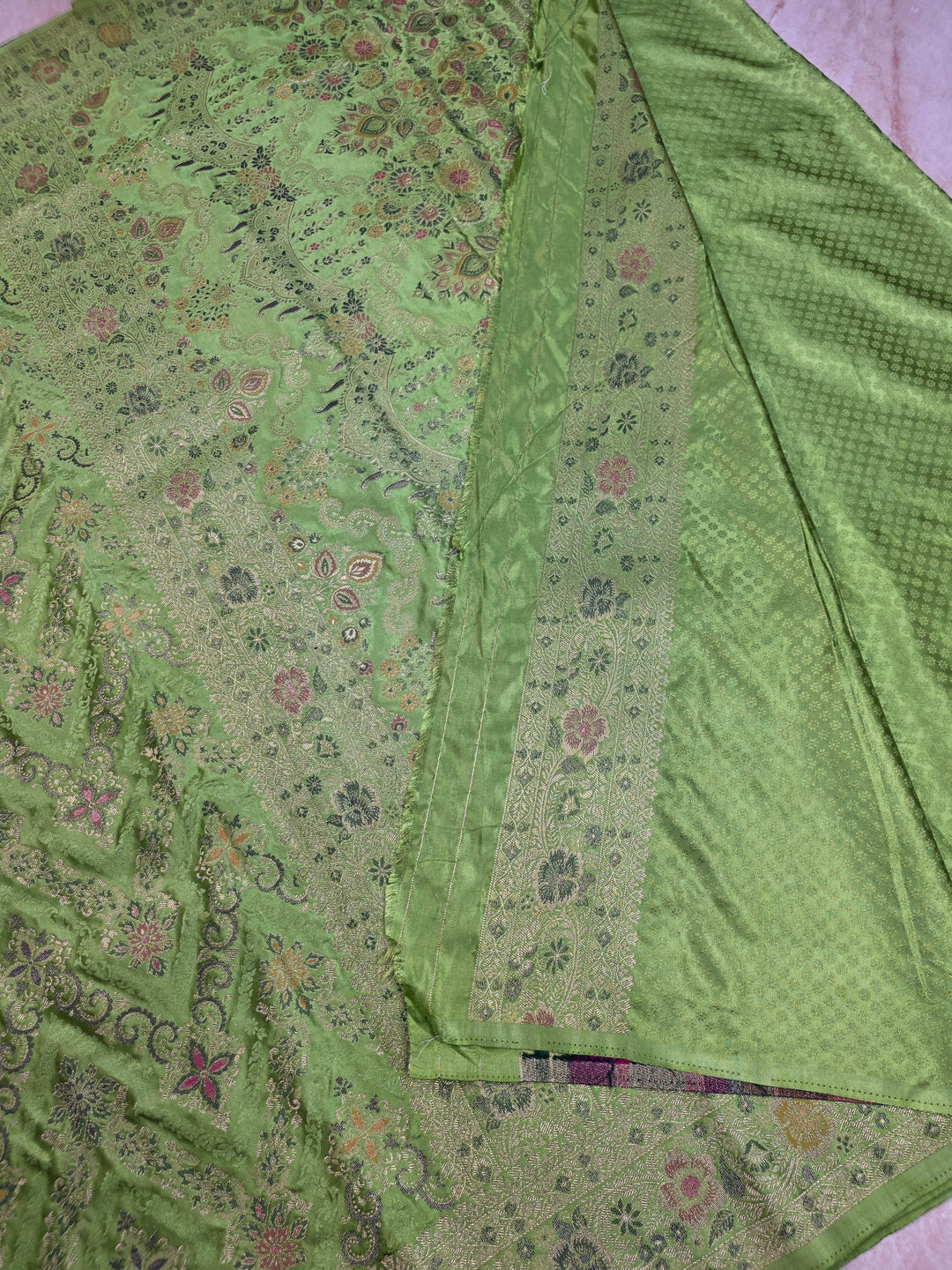 MASHRU KATANN SILK IN PARROT GREEN WITH MINAKARI ZARIWORK