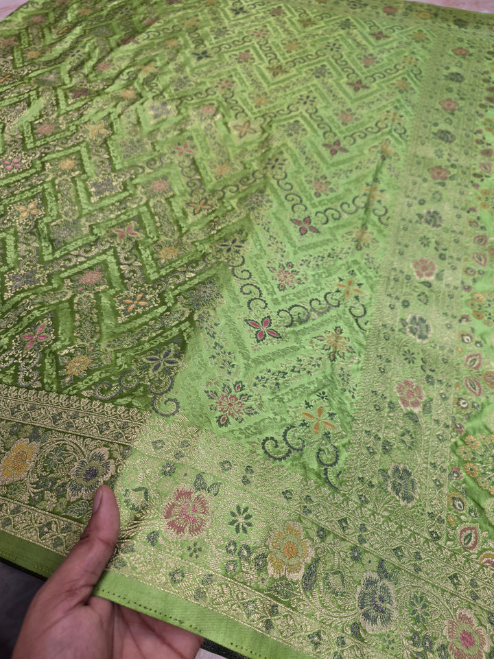 MASHRU KATANN SILK IN PARROT GREEN WITH MINAKARI ZARIWORK