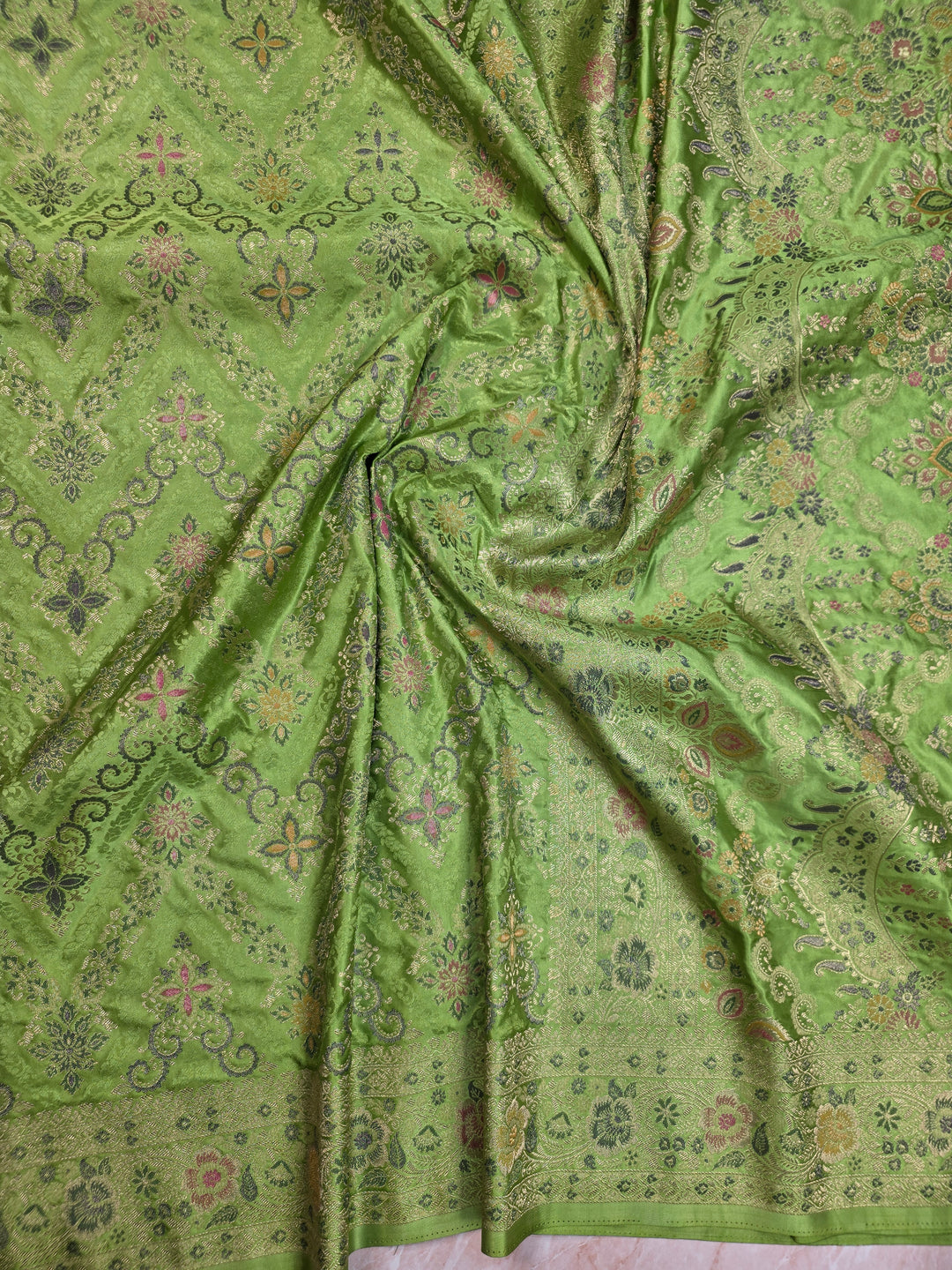 MASHRU KATANN SILK IN PARROT GREEN WITH MINAKARI ZARIWORK