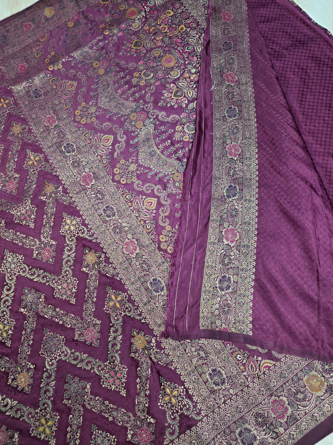 MASHRU KATAN SILK IN MAGENTA WITH MINAKARI WORK