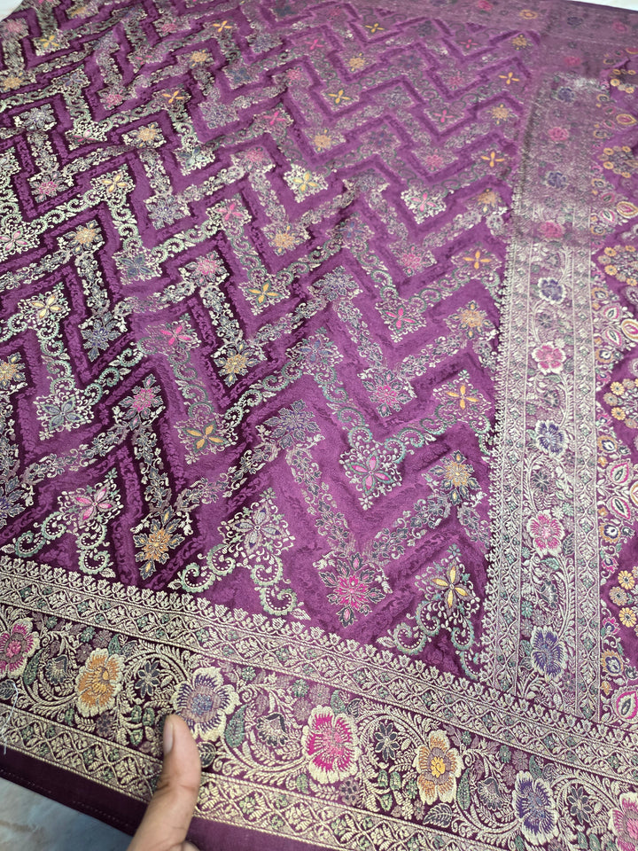 MASHRU KATAN SILK IN MAGENTA WITH MINAKARI WORK