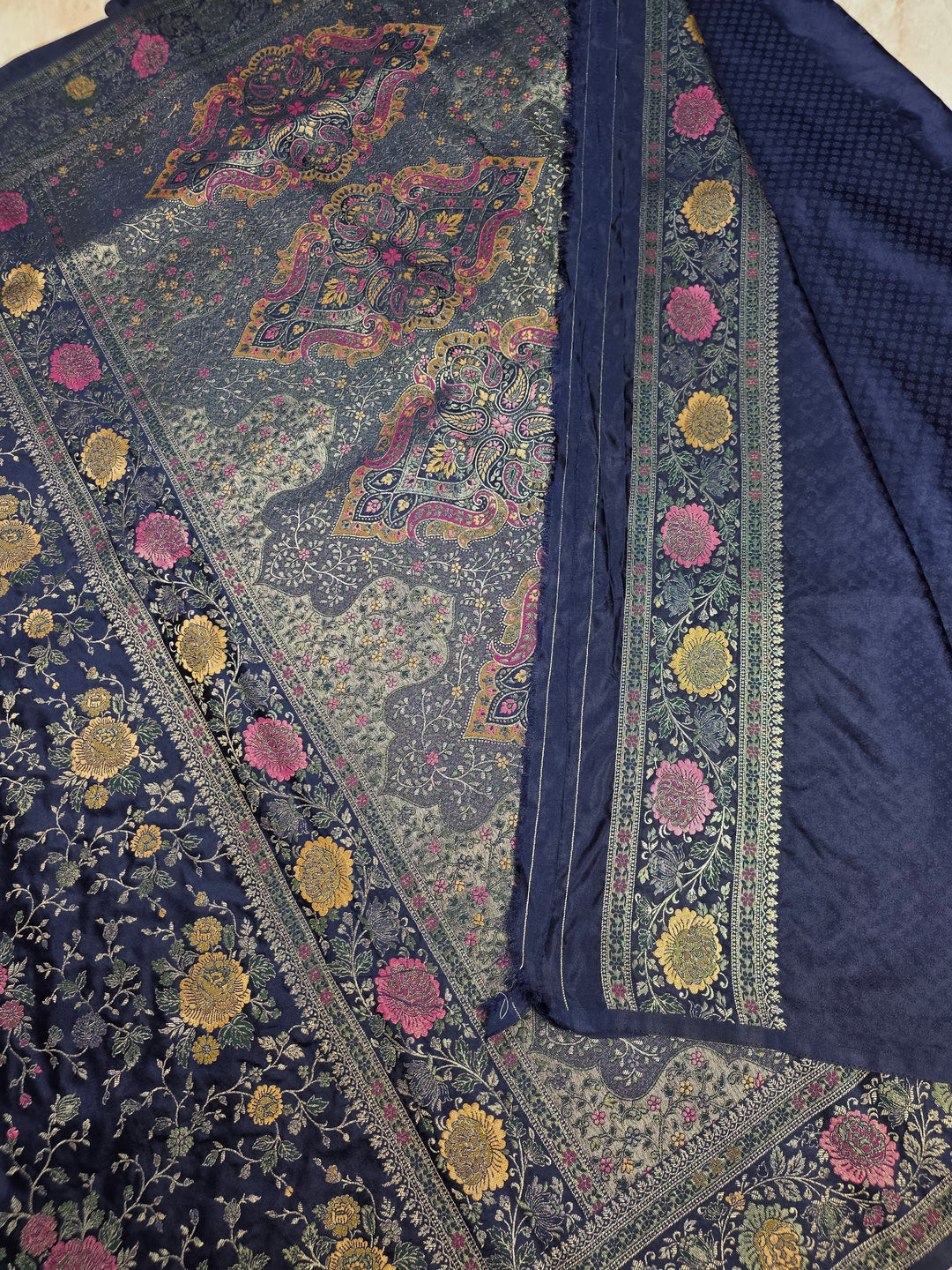 MASHRU KATAN SILK IN NAVY BLUE WITH MINAKARI JAAL WORK