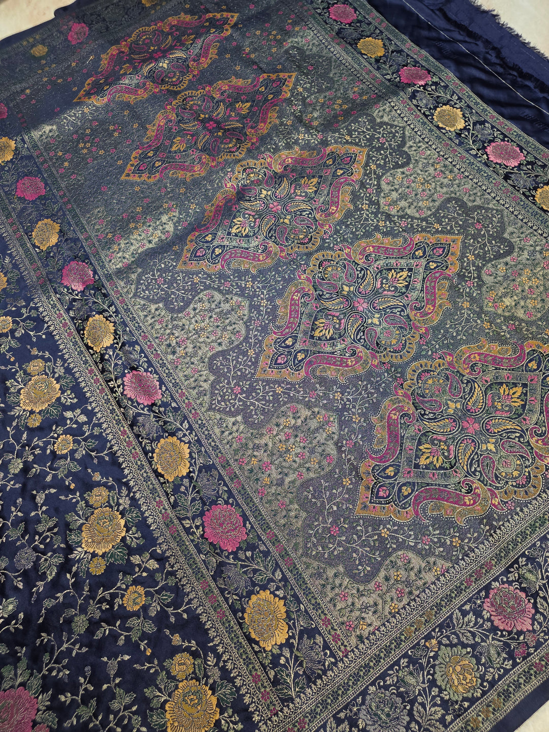 MASHRU KATAN SILK IN NAVY BLUE WITH MINAKARI JAAL WORK