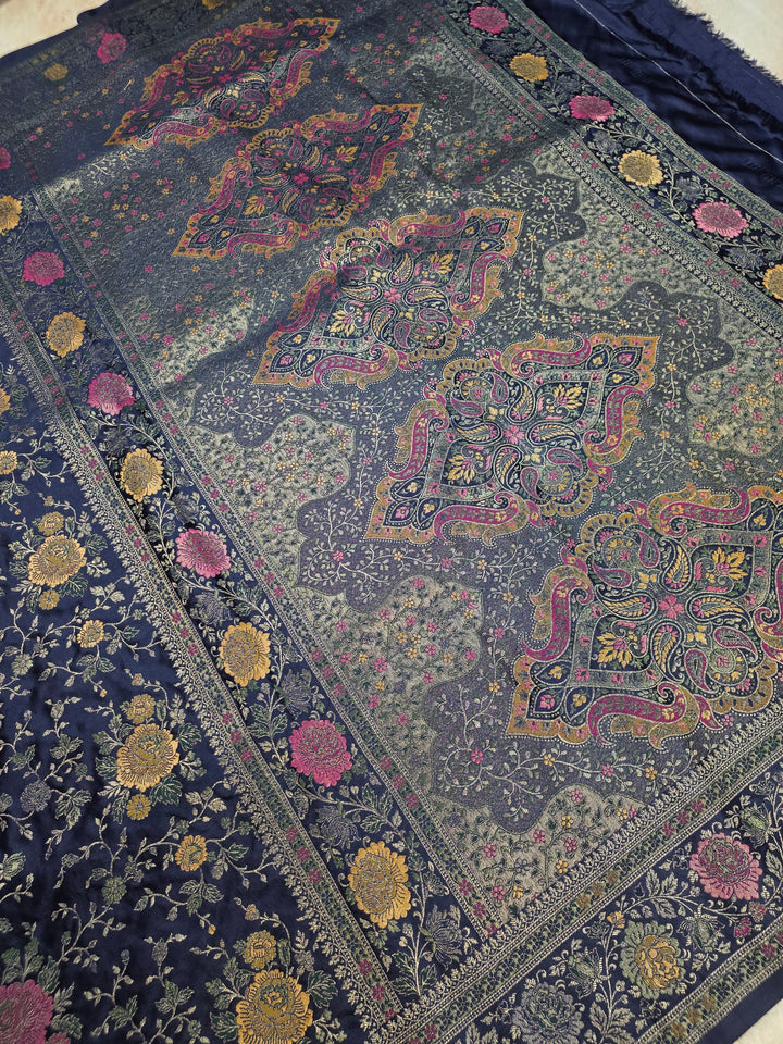 MASHRU KATAN SILK IN NAVY BLUE WITH MINAKARI JAAL WORK