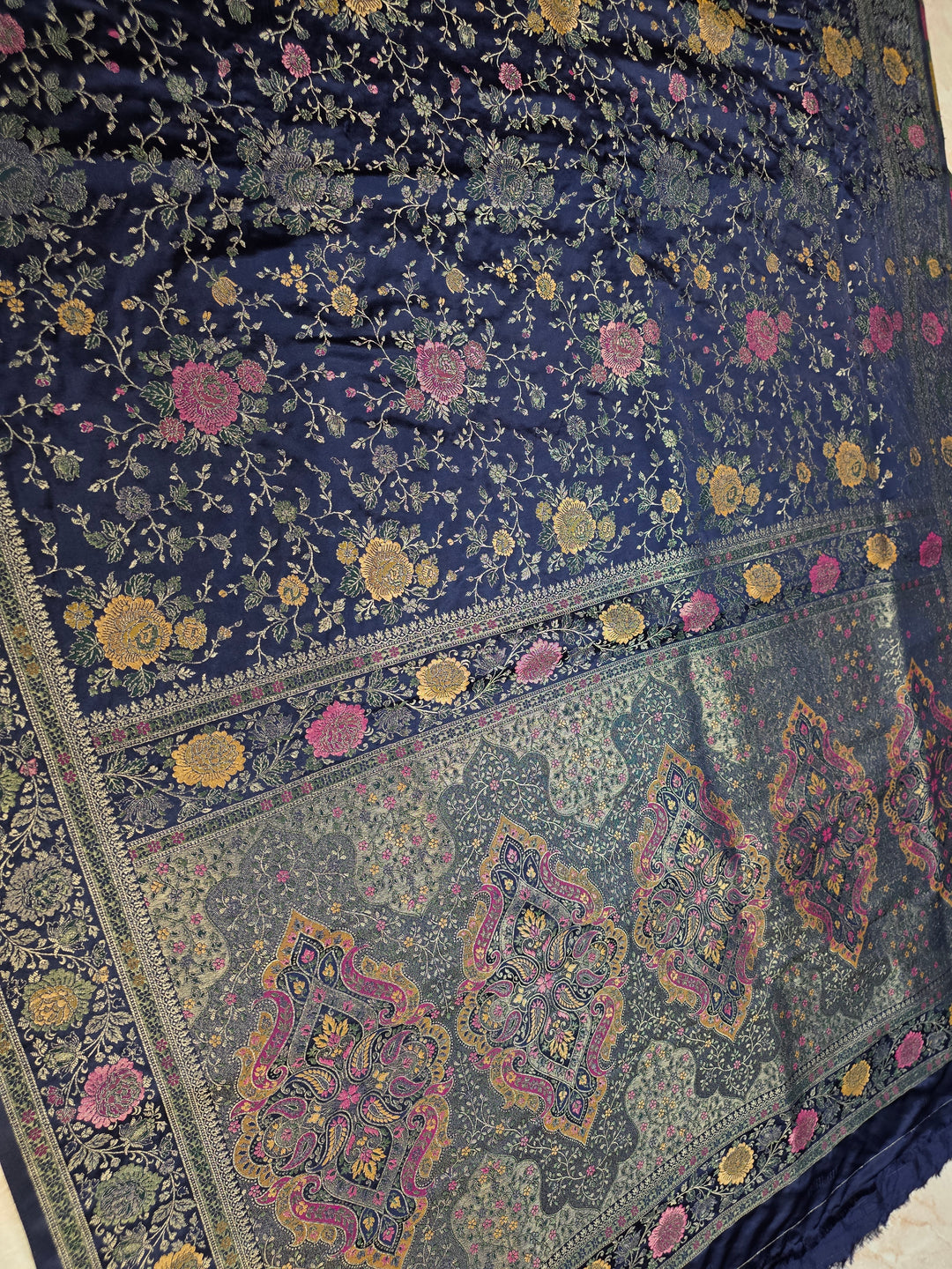 MASHRU KATAN SILK IN NAVY BLUE WITH MINAKARI JAAL WORK