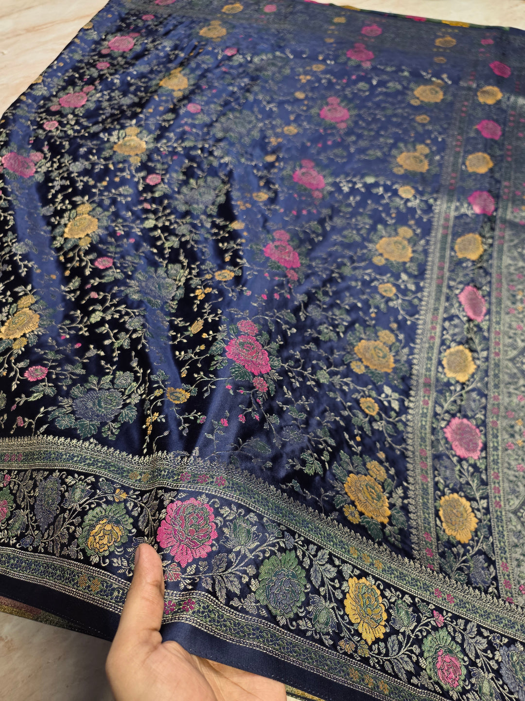 MASHRU KATAN SILK IN NAVY BLUE WITH MINAKARI JAAL WORK